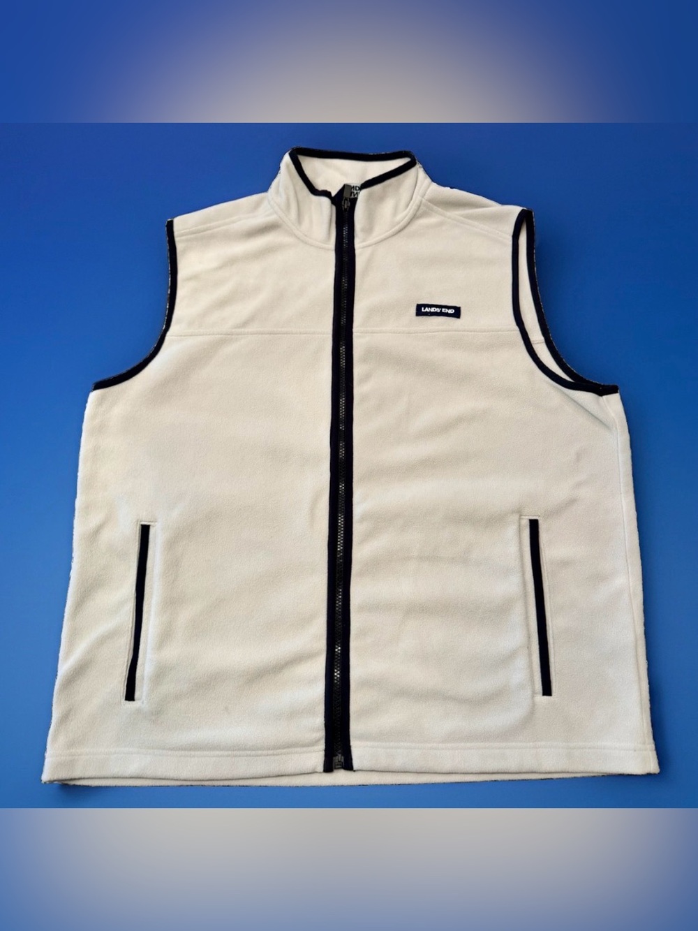 Lands' End Fleece Vest Men's L White Full-Zip Sleeveless Jacket Pockets